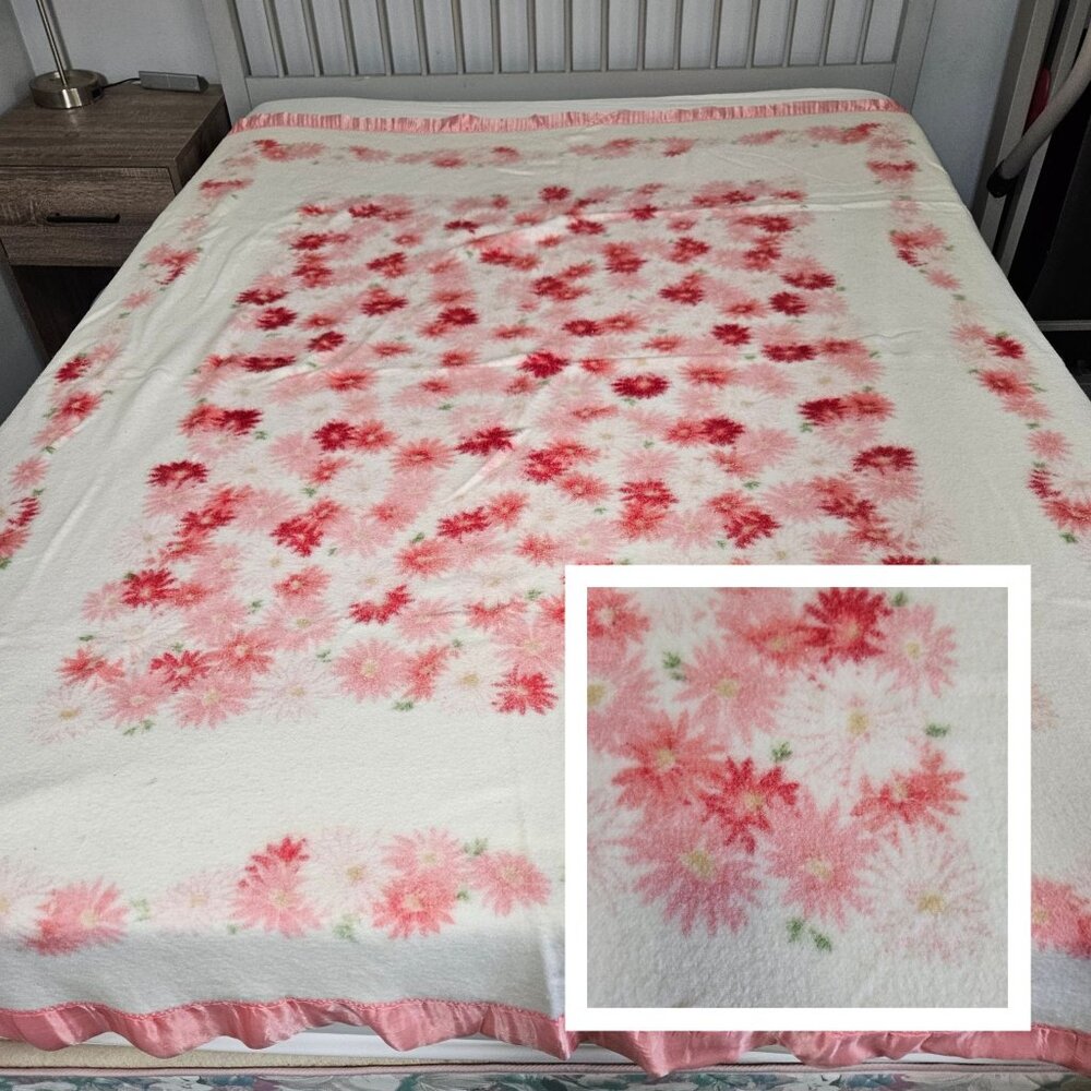 Vintage Blanket Throw Acrylic Knit Satin Trim Pink White Flower Floral 84" x 73"